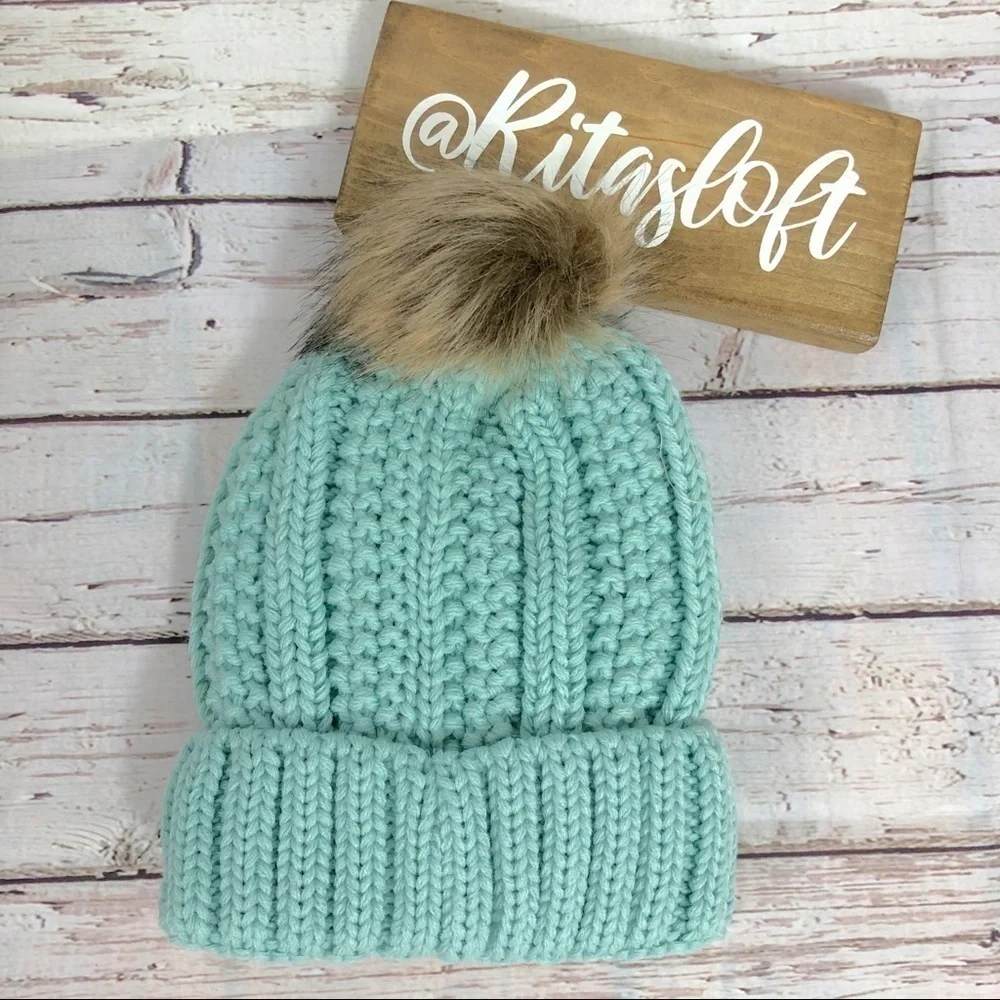 Kids CC Beanie Lined Hat Cable Knit with‎ Pom